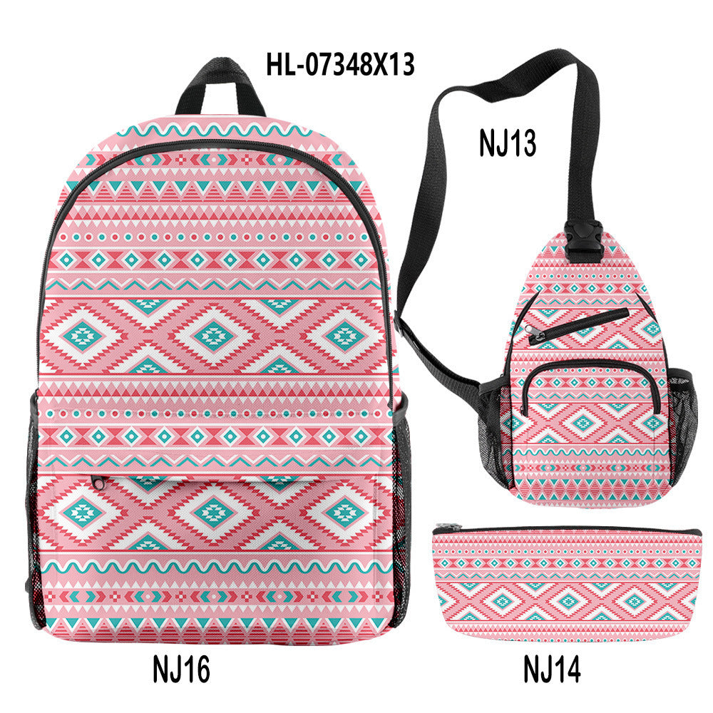 Wholesale Oxford Fabric Aztec Pattern Backpack Shoulder Bag Pencil Case Set